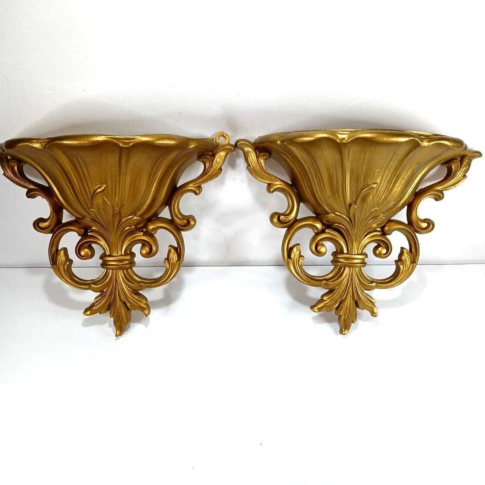 Homco Gold Wall Pocket Planters 1962 USA MCM Hollywood Regency Decor Qty 2
